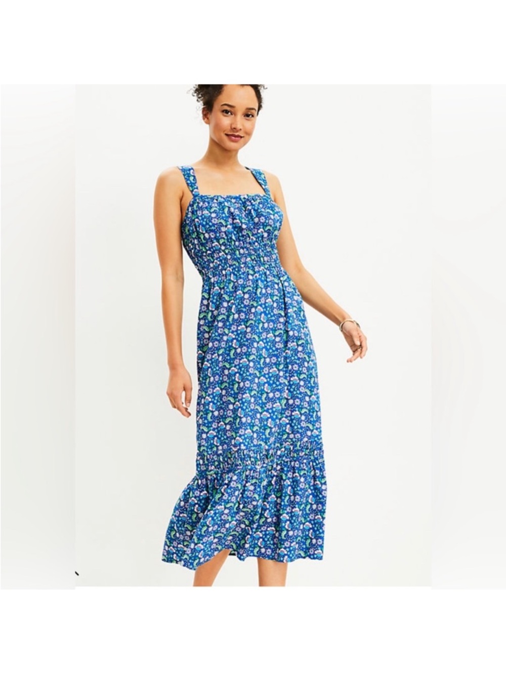 LOFT Blue Floral Smocked Midi Sundress
